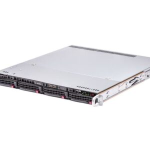 Ein silberner 1U-Rackmount-Server mit mehreren Lüftern und Anschlüssen an der Vorderseite.