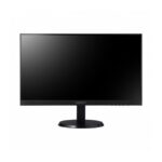 Ein schwarzer Computermonitor von Wisenet mit einem dünnen Rahmen auf einem runden Standfuß.