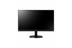 Ein schwarzer Computermonitor von Wisenet mit einem dünnen Rahmen auf einem runden Standfuß.