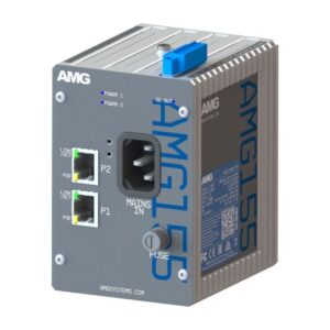 Elektronisches Gerät mit der Aufschrift "AMG155", zwei Ethernet-Ports, Stromanschluss und Sicherung.