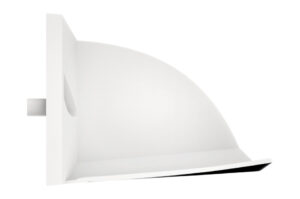 Weiße Wandhalterung mit halbkreisförmigem Design und rechteckiger Basis.