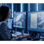 Eine Frau sitzt vor mehreren Computerbildschirmen, auf denen Sicherheitskamerabilder zu sehen sind.