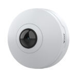 Kompakte, runde Überwachungskamera mit zentralem Objektiv, weiße Gehäusefarbe.