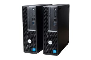 Zwei schwarze Desktop-Computer der Marke "Avigilon" mit Intel Core i7-Logo, stehend nebeneinander.