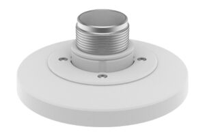Ein runder, weißer Adapter mit einer metallischen, gewindeförmigen Verbindung in der Mitte, befestigt mit mehreren Schrauben.