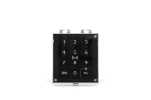 Eine schwarze numerische Tastatur mit Tasten von 0 bis 9, einem RFID-Symbol und einem Bluetooth-Symbol.