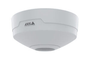 Kuppelförmige Kamera mit AXIS Communications Logo.