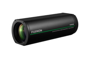 Eine schwarze Fujinon-Kameraoptik von Fujifilm mit digitaler Bildstabilisierung und schnellem Autofokus.