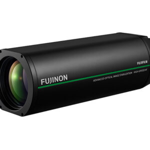 Eine schwarze Fujinon-Kameraoptik von Fujifilm mit digitaler Bildstabilisierung und schnellem Autofokus.