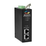 Ein schwarzes Microsemi PD-9501GCI/DC PoE-Injektorgerät mit zwei Ethernet-Ports und Status-LEDs.
