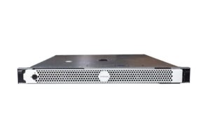 Ein Servergehäuse mit Avigilon-Logo auf der Vorderseite, gestaltet in einem flachen, rechteckigen Format mit belüftetem Gitter.