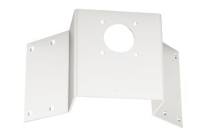 Eine weiße Metallhalterung mit einem zentralen kreisförmigen Ausschnitt und mehreren Schraubenlöchern.