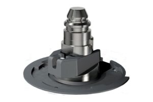 Industriebauteil aus Metall und Kunststoff mit zylindrischer Form und anderer Befestigungskomponente auf runder Basis.