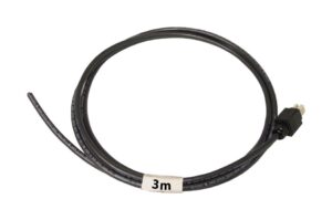 Schwarzes Kabel mit einer Länge von 3 Metern, aufgerollt und mit einem Stecker an einem Ende.