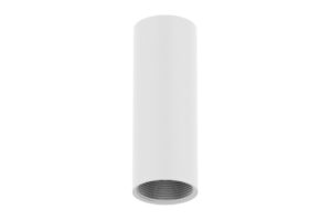 Weißer zylindrischer Aufputzstrahler mit sichtbarem Sockel für eine Glühlampe.
