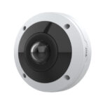 Eine runde Überwachungskamera mit weißem Gehäuse und schwarzem Zentrum.