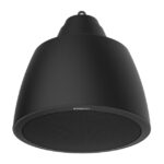 Ein schwarzer Deckenlautsprecher von Wisenet in kegelförmigem Design.