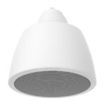 Eine weiße, kegelstumpfförmige Lautsprecherbox mit einem Gitter am unteren Ende, an dem der Markenname sichtbar ist.