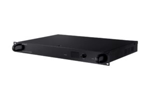 Ein schwarzes Netzwerk-Audio-Server-Gerät mit der Aufschrift "Wisenet".