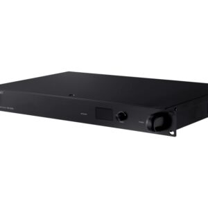Ein schwarzes Netzwerk-Audio-Server-Gerät mit der Aufschrift "Wisenet".