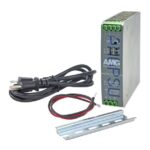 Elektronisches Gerät mit Kabeln und Halterung auf weißem Hintergrund.