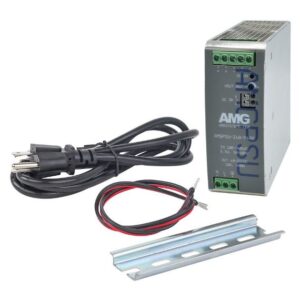Netzteil AMG PSR mit Netzkabel, Anschlusskabel und Montageschiene.