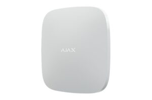 Ein weißes, glattes quadratisches Gerät mit abgerundeten Ecken und dem Schriftzug "AJAX" auf der Vorderseite.