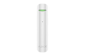 Weiße, schlanke elektronische Vorrichtung mit grünem Licht und der Aufschrift "AJAX" am unteren Ende.