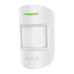 Ein weißer Bewegungsmelder mit grünem Licht, Marke "AJAX".