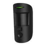 Schwarzer Bewegungsmelder mit Kamera und grünem Licht.