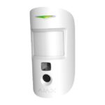 Ein weißer Bewegungsmelder mit Kamerafunktion und grünem LED-Indikator oben, markiert mit "AJAX".