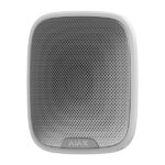 Weiße, quadratische Außenalarmanlage mit grauem Lautsprechergitter.