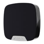 Ein schwarzes, quadratisches elektronisches Gerät mit abgerundeten Ecken und silbernem Markenlogo am unteren Rand.