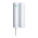 Ein weißer, zylindrischer Sensor mit einem grünen Licht auf der Vorderseite, verbunden mit einem Kabel und „AJAX“-Logo aufgedruckt.