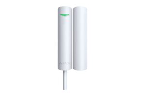 Ein weißer, zylindrischer Sensor mit einem grünen Licht auf der Vorderseite, verbunden mit einem Kabel und „AJAX“-Logo aufgedruckt.