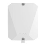 Ein weißes, sechseckiges elektronisches Gerät mit dem Logo "AJAX" auf der Vorderseite.