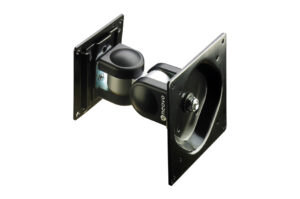Ein schwarzer, verstellbarer Monitorarm von Neovo mit zwei Montagenflächen und Gelenkverbindungen.