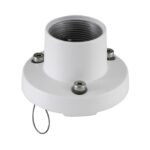 Weiße runde Kamerabasis mit vier Schrauben und einer Metallhalterung.