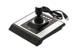 Ein schwarzer Joystick mit mehreren Tasten auf einer rechteckigen Basis, verbunden mit einem USB-Kabel.