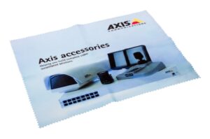 Ein Reinigungstuch mit der Aufschrift "Axis accessories" und der Abbildung von Überwachungszubehör.