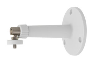 Weiße Wandhalterung mit rundem Montagefuß und einstellbarem Kippgelenk aus Metall.