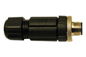 Ein schwarzer zylindrischer Steckverbinder mit einem metallischen Schraubanschluss am rechten Ende.