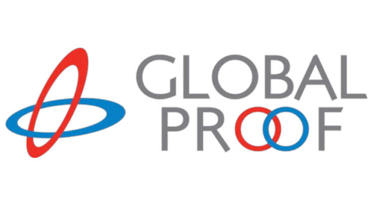 Logo mit zwei überlappenden, elliptischen Formen in Rot und Blau links neben dem Schriftzug "GLOBAL PROOF"; die Buchstaben "OO" sind durch die Kreise der Ellipsen dargestellt.