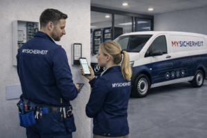 Techniker installieren professionelle Sicherheitstechnik