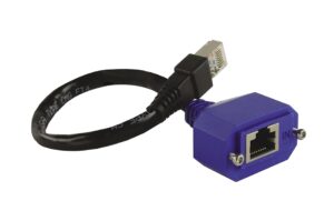 Ein blaues Ethernet-Injektor-Kabel mit einem RJ-45-Stecker und einer Buchse, beschriftet mit "IN".