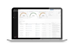 Laptop zeigt ein Dashboard mit Sicherheitsmetriken wie Serverzustand, IoT-Zustand und Cybersicherheitsstatus in Diagrammform an.