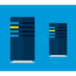 Darstellung von zwei stilisierten Servern nebeneinander auf blauem Hintergrund, verbunden durch ein kreisförmiges Symbol, das Datenfluss oder Synchronisation symbolisiert.