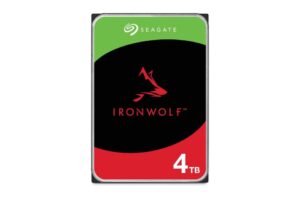 Seagate IronWolf Festplatte mit einem Speicherplatz von 4 TB, gestaltet in Schwarz, Grün und Rot.