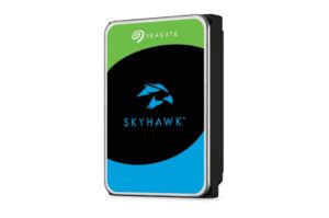 Seagate SkyHawk Festplatte mit schwarzem und blauem Design und einem stilisierten Vogel-Logo.