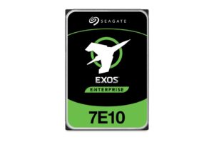 Bild eines Seagate Exos Enterprise 7E10 Festplattenlaufwerks mit grün-schwarzem Design und Logo.